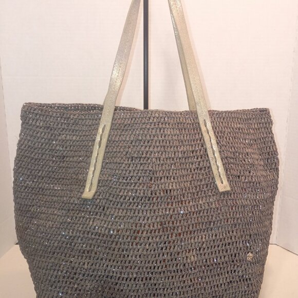 FLORA BELLA for ANTHROPOLOGIE Gray & Silver Woven Raffia Tote Bag - Picture 3 of 15